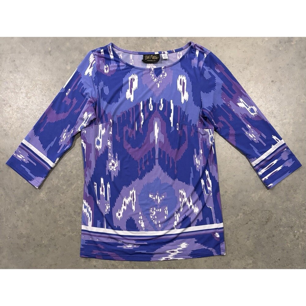 Bob Mackie Wearable Art Women’s XS Purple Abstract 3/4 Sleeve Tunic Top Stretch